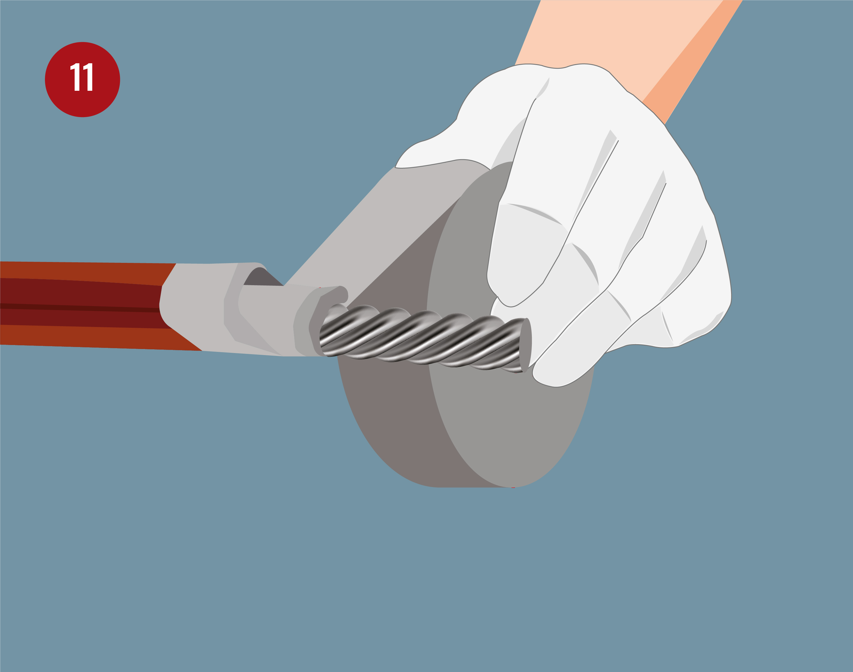 Step 11 of Centroid Polymer Technologies installation guide showing a person using a tool to secure the coiled product, wearing gloves